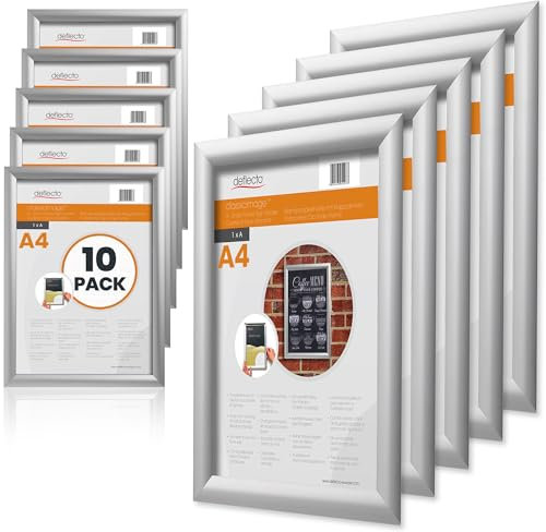 Deflecto Lot de 10 - Vitrine Porte-Affiche Clipsable A4 - Cadre Affichage à Clip en Aluminium Argenté - Cadre Porte Affiche Clipsable Alu A4