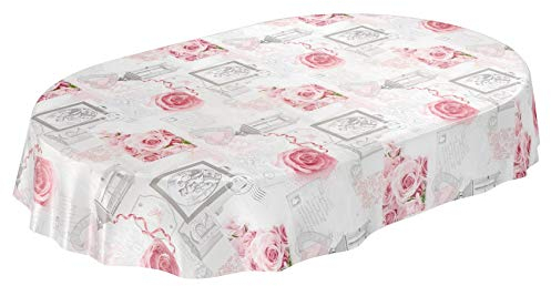 Tischdecke Wachstuchtischdecke Wachstuch Wachstischdecke pflegeleicht abwaschbar Rosen Landhaus Antik Grau Oval 140 x 180cm eingefasst
