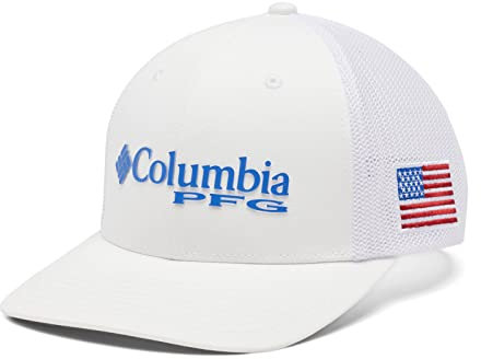 Columbia PFG Logo Mesh Ballkappe, Weiß/lebhaftes Blau/USA-Flagge, L-XL