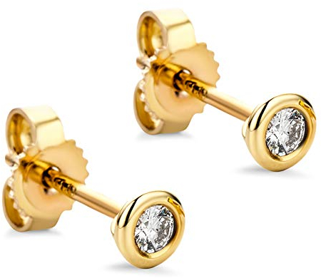 Orovi Schmuck Damen runde Solitärohrstecker mit 2 natürlichen Diamanten Brillanten 0.08 CT in einer Zargen Fassung Zeitlose klassische Ohrringe aus Gelbgold 9 Karat / 375 Gold