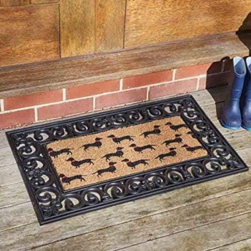 Garden Mile® Non Slip Doormat Entry Hallway Natural Coir Indoor Outdoor Welcome Door Mat Monarch Decoir Easy Clean DOGS Pattern 53 x 23 cm