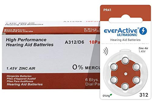 EverActive Batteries pour appareils auditifs 312 PR41, 60 piles Ultrasonic expiration 2022 € 12,90