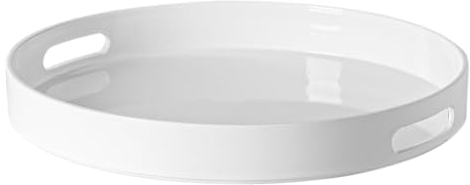 Argon Tableware 33cm Round Serving Tray with Handles - White - Metallic Finish Decorative Breakfast Tray Melamine Food Tray for Eating, Snacks, Drinks, Food Serving