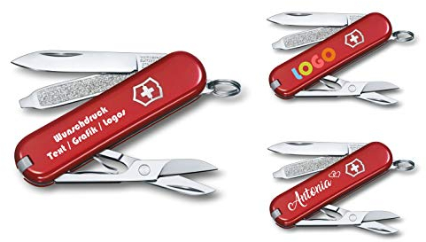 Victorinox Couteau de Poche Classique SD avec Demande Impression sur Coque I Cadeau pour Hommes Femmes I Cadeaux pour Anniversaire I Suisse Personnalisé 7 Fonctions 0.6223 - Rouge