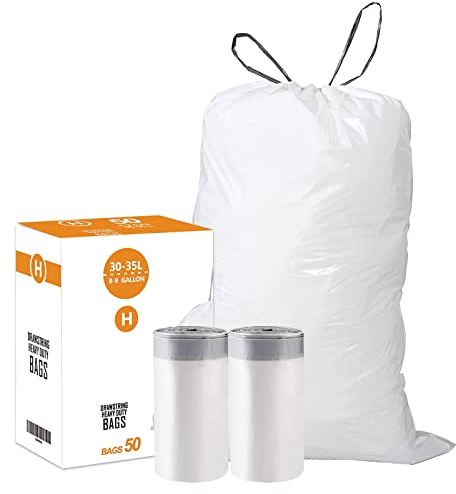 Code H (50 pièces) sacs poubelle en plastique résistant avec cordon de serrage compatible avec Simplehuman Code H | 1,2 mm | Sacs poubelle blancs avec cordon de serrage de 30 à 35 litres