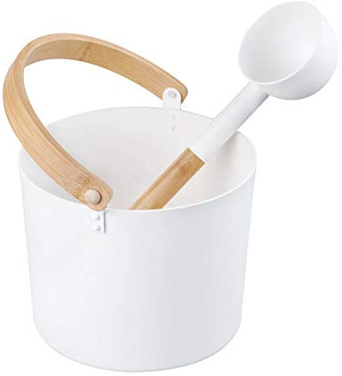 applyvt Sauna Bucket Kit, Sauna Bucket And Ladle Set, 7L Luxurious Finnish Sauna Aluminum Bucket Matching Spa Bath Barrel Room Shower Accessories With Wooden Handles For Sauna SPA, Black/White