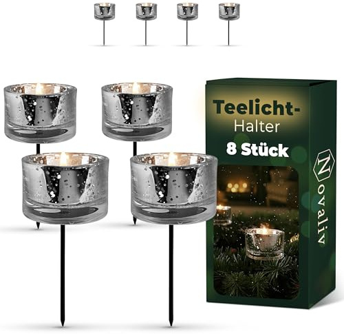 Novaliv 8X Teelichtglas für Gestecke Teelicht-Gläser Silber ⌀ 5cm x 8,5cm Mit Metall-Pick zur Gestaltung von Gesteck und Kränzen Kerzenhalter mit Spieß Teelichthalter