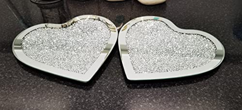 Deenz New Heart Shaped Placemets Set Of 2 Mirror Full Crushed Jewel Diamante Diamond Glass Cup Mat Gift Set