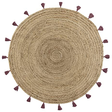 Douceur d'Intérieur, Teppich, rund, Durchmesser 120 cm, Shira, Bordeaux, Jute, mit Pompons
