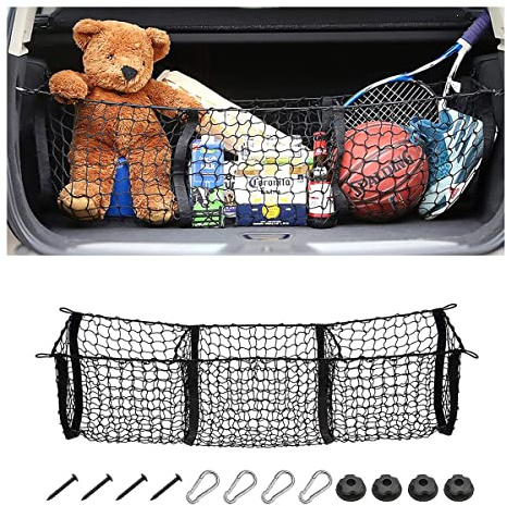 Hanemia 3-Pocket Car Trunk Cargo Net with Carabiners