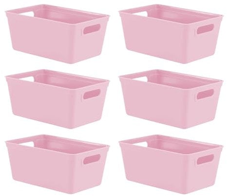 simpa 4L 4 Litre Plastic Storage Basket Studio Organiser Trays with Handles - Pastel Pink, Set of 6 Trays - 11cm (H) x 25cm (L) x 17cm (W)