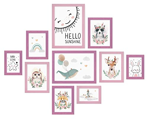 PHOTOLINI Bilderrahmen-Set Kinderzimmer 10x15 bis 21x30 cm Rosa Lila, 10er Set Wechselrahmen farbig, Holz, Acrylglas, Made in Germany, zum Aufhängen, mit Zubehör - für bunte Kinderbilder