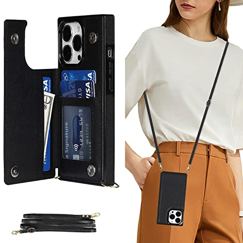 DEFBSC für iPhone 14 Pro Hülle, Lanyard Handyhülle mit Kartenhalter, PU Leder Verstellbarer Crossbody/Halsketten Umhängebandriemen, Necklace Lanyard Handyhülle für iPhone 14 Pro - Schwarz
