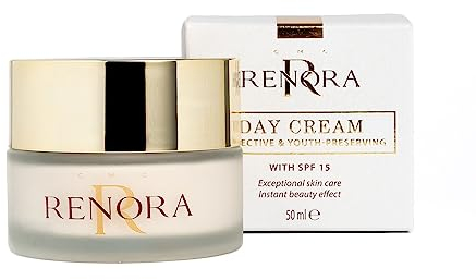 RENORA - Tagesgesichtscreme I Feuchtigkeitscreme I Anti-Aging I Goldpartikel I Hyaluronsäure I Gelée Royale I Für trockene und normale Haut I Sonnenschutz SPF 15 I 50 ml
