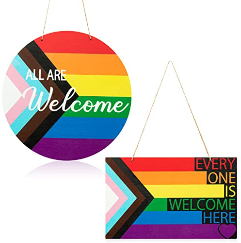 Haooryx 2Pcs LGBT Rainbow Wooden Door Sign Progress Pride Colorful Hanging Wood Door Sign Pride Day Art Craft Home Decoration Indoor Outdoor Wall Front Door Hanging Welcome Decorations Party Supplies