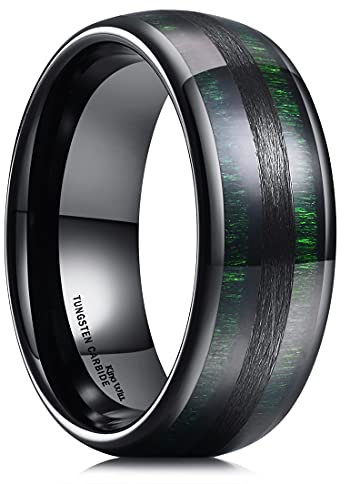 King Will Nature 8mm Mens Domed Green Wood Inlay Black Tungsten Carbide Ring Wedding Band 10