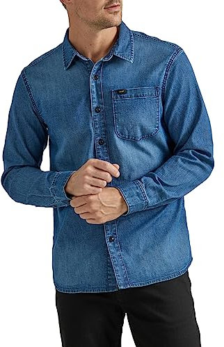 Lee Men's Extreme Motion All Purpose Long Sleeve Worker Shirt, Denim Medium Wash Indigo, 38/40