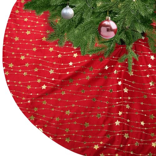 KONVINIT Weihnachtsbaumdecke Rund Rot Plüsch Christmasbaumdecke mit Sternen Weihnachtsbaum Rock aus Kunstfell für Christbaumständer Teppich,Weihnachtsdekoration,90cm Red