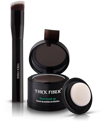 THICK FIBER Root Touch Up & Hairline Powder – Covers Gray Roots & Thinning Hair – Sweat & Water Resistant with Precise Brush – Hair Concealer for Bald Spots & Fill-In (Dark Brown)