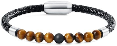 COAI Bracelet Cuir Tressé Œil de Tigre Marron Onyx Mat Homme L 23cm
