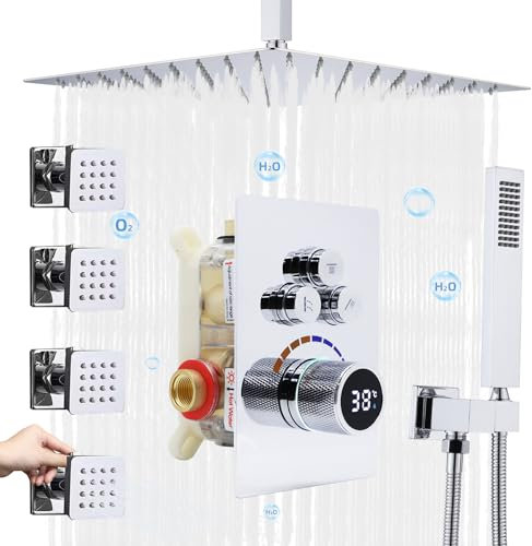 Delnet Shower System with Body Jets, 12 Inch Ceiling Mounted Rain Shower Set, Concealed 3 Way Outlet Digital Display Diverter Valve, Can Use All Options at A Time,Chrome