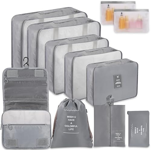 WECUTE Koffer Organizer Set, 11-Teilige Packing Cubes Set, Wasserdichte Reise Kleidertaschen,Koffer Organizer für Urlaub und Reisen, Packwürfel Set Reise Würfel (Grau)