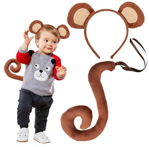 EUPSIIU 2 Stück Affenohren und Langen Schwanz Set Affen Kostüm mit Affenohren Stirnbänder und Affenschwanz für Erwachsene Kinder Tier Fasching Kostüm Karneval Haarbänder Cosplay Affenkostüm (Affen)