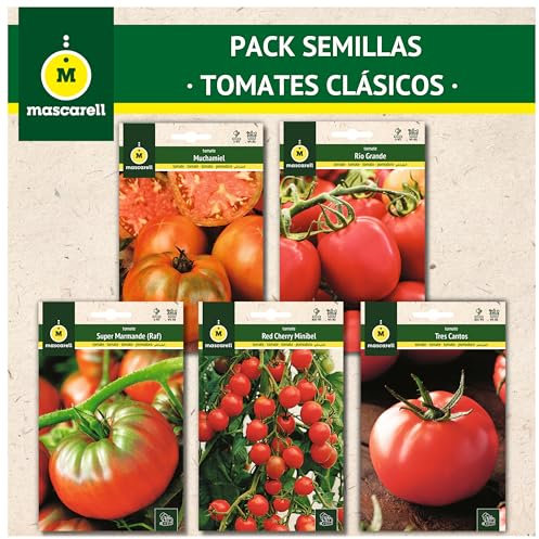 Mascarell Semillas, PACK SEMILLAS TOMATES CLASICOS, Kit Huerto en Casa. Fácil de Cultivar, Contiene 5 Variedas de Tomates Sabrosos.