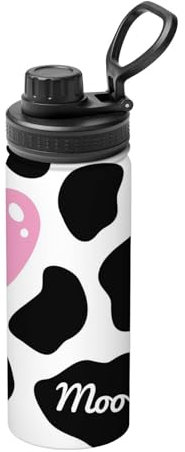 Koxitip Cow Print,18OZ Insulated Water Bottle,Skin Pattern in Pastel Color Heart,Stainless Steel Double Wall Vacuum Wide Mouth Sport Bottle with Leakproof Spout Lid,Pink Black