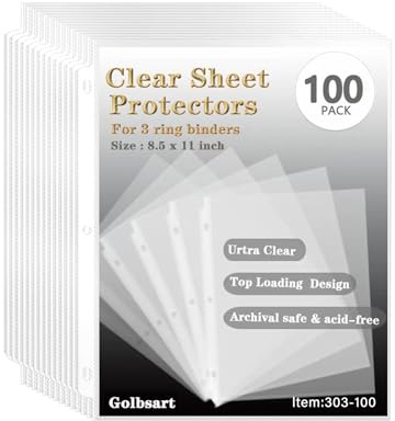 Sheet Protectors 8.5 x11 Inch, 100 Pack Page Protectors for 3 Ring Binder, Top Loading Plastic Sleeves with Reinforced 3-Hole Punch for Binders, Letter Size, for Documents and Photos, Office Supplies.