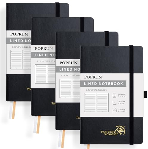 POPRUN 4 Pack Notizbuch A5 liniert, 120 GSM Papier für Frauen und Männer, 128 nummerierte Seiten, Hardcover mit Selbstklebenden Registerkarten und 8 Abreißblättern - Schwarz