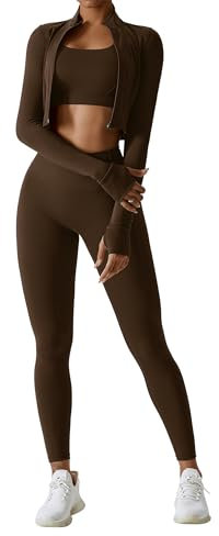 Workout-Sets für Damen, 3-teilig, hohe Taille, nahtlose Leggings, bauchfreies Top, Jacke, Fitnessstudio, Yoga, Outfit, dehnbare Sport-BH-Sets, Braun, Large