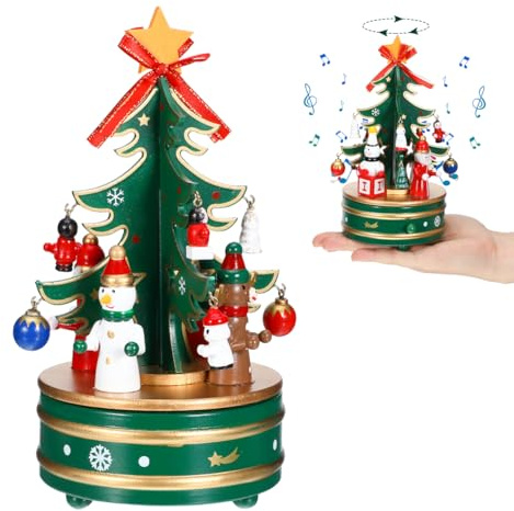 STOBAZA 1 x drehbare Spieluhr aus Holz: Weihnachtsbaum-Spieluhr zum Aufziehen auf dem Tisch