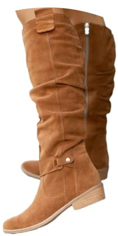 shownicer Botte Hautes Femme Daim Bottes Elegant Bout Rond Bottines Automne et Hiver Talon Bas Boots Confortable Chaussures A Marron 43