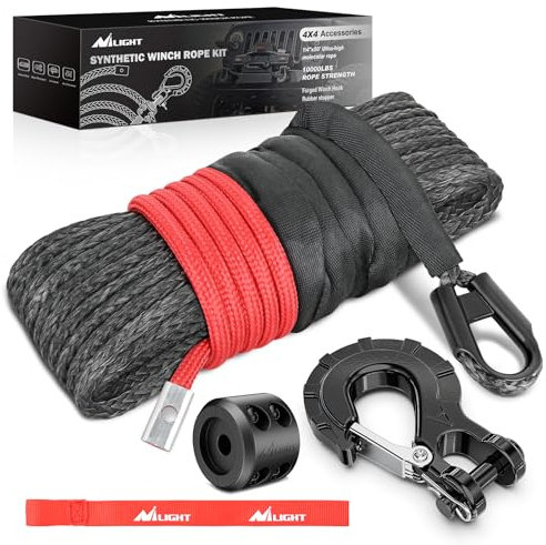 Nilight Seilwinde Seilwinde 1/4 Zoll x 15 m Synthetische Seilwinde Kabel Kit für ATV UTV Offroad 4535.9 kg Schwarze Seilwinde Seil mit Schutzhülle + geschmiedeter 15,875 kg Seilwinde Haken +