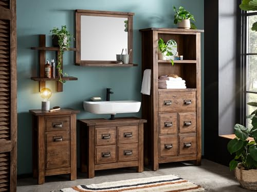 Woodkings Badset Cancun I 5-teilig mit Waschplatz, Hochschrank, Regal, Unterschrank und Spiegel I rustikales Holz für Badezimmer I Komplettset Echtholz Badmöbel I Badmöbelset