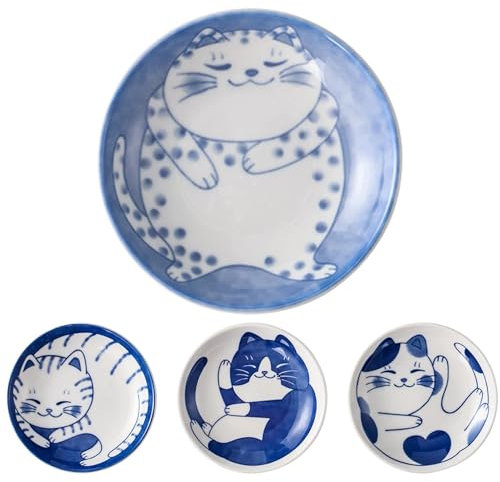 Japanese Cat Dish - 4 Pc 4 Inches Cute Cat Soy Sauce Dish | Ceramic Cat Bowls | Japanese Cat Plates | Dipping Bowls,Snack Dish,Small Ceramic Saucers Plates, Sushi Plate Set, Small Bowl for Sides Dish