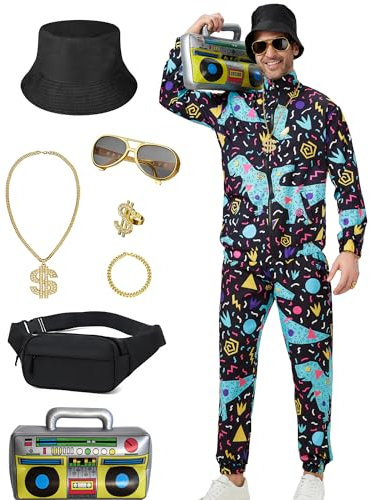 Ezuwail Sportanzug Herren Hippie Kostüm Outfit 80er Jahre Trainingsanzug Retro 90er Jahre Outfits Halloween Karneval 9Stk(Schwarz Grün/2XL)