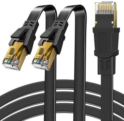 2 Pack 2m Ethernet Cable, 2m/3.5m/5.5m/10m Cat8 Flat High-Speed 2000MHz 40Gbps STP Shielded LAN/Internet Cable - Durable Black RJ45 Cables for Gaming, 4K Streaming