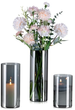 Glasseam Glasvase Zylinder Vase für Deko: 3 Stück Grau Vasen Glas für Home Wohnzimmer Küche Esstisch Tischdeko - Glaszylinder Blumenvase Modern Dekoration für Blumen Pampasgras Tulpen Rosen