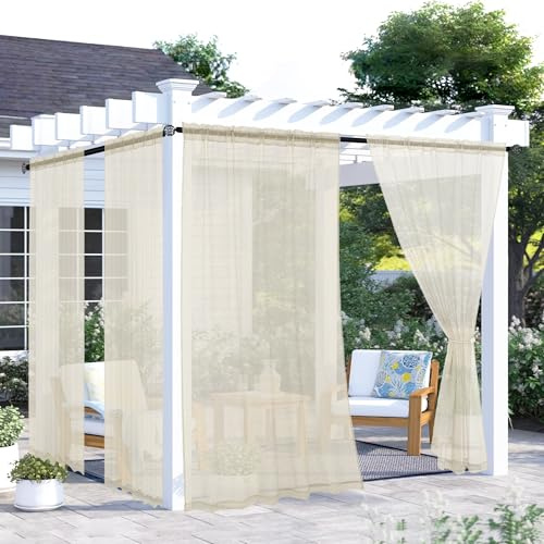 youleyar Outdoor Sheer Curtains for Patio Waterproof - 4 Panels Linen Look Rod Pocket Curtain Light Filtering Outside Drapes for Living Room, Pergola, Cabana, Gazebo, 52 W x 84 L, Ivory