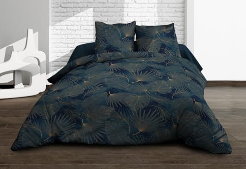 Parure Drap Plat + Drap-Housse 140x190 + 2 T - Pur Coton 57 Fils - Olinda Bleu