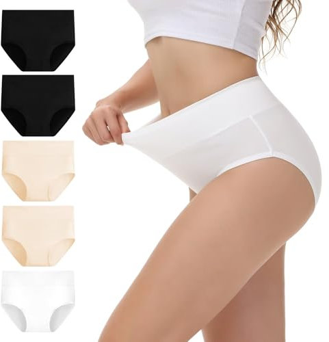 NUOZA Bauchweg Unterhosen Damen Unterwäsche Frauen Hohe Taille Slip Damen Mehrpack Damenslips Baumwolle 5er Pack Kaiserschnitt Unterhose Shape Schwarz Weiß Hautfarben XL