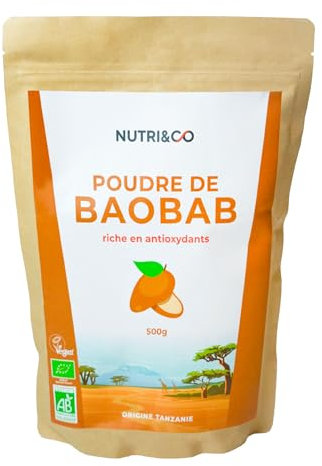 NUTRI & CO Poudre de Baobab BIO 500g - 100% Naturel, Riche en Antioxydants, Fibres & Vitamines - Immunité et Transit - Adansonia Digitata Issue d’une filière Durable & Responsable