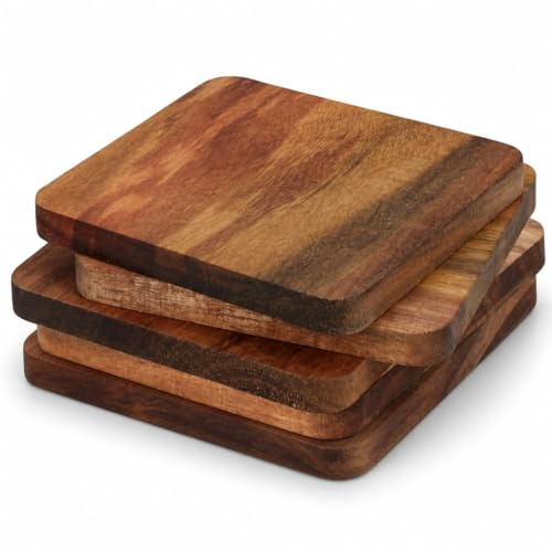 MIJOMA 4-teiliges Untersetzer-Set aus Akazienholz – natürliche Eleganz, 10 x 10 cm, 1 cm stark, handgefertigt mit abgerundeten Ecken