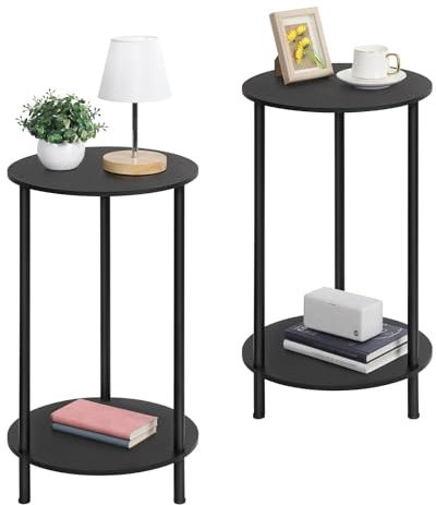 LIANTRAL End Tables Set of 2, 2 Tier Small Side Table, Round Nightstand Sofa Table Coffee Table with Storage Shelves for Living Room, Bedroom, MDF & Metal, Black