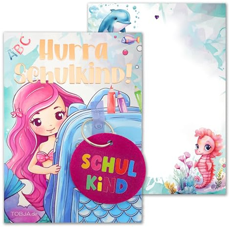 TOBJA Geschenk zur Einschulung Mädchen | Karte Meerjungfrau mit glänzender Folie & Schultüten Anhänger | Schlüsselanhänger Schulkind, Für Zuckertüte