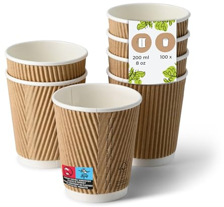BIOZOYG Riffelbecher 100 Stück 200 ml/8 oz, 80 mm, braun innen weiß | Doppelwandiger Kaffeebecher to go, hitzeisolierend & stapelbar - Alternative zu Styroporbecher für Café, Bäckerei, Food Truck