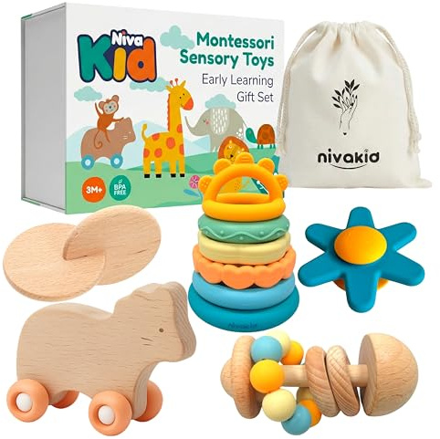 nivakid Jouets d'eveil Bebe 3-36 Mois, Idée Cadeau Bébé 1 an, Coffret Jouets Montessori Bebe Eveil 0-6 Mois, Hochets et Jouet Sensoriel Bebe à Roues, Jeux Ventouse Silicone