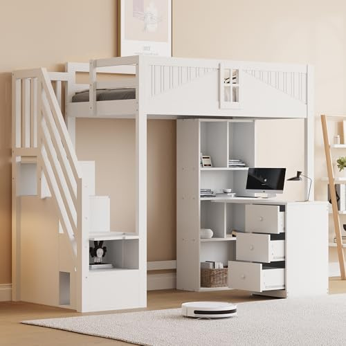 Ligterra Kinderbett Einzelbett Hochbett 90x200 cm mit Sicherheitstür & Fenster, Multifunktionsbett mit seitlicher Leiter (Links/rechts wechselbar), Kinderbett mit Schreibtisch und Ablage, Weiß